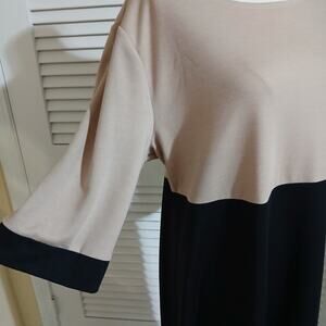 Susan Graver Large half-sleeve poly rayon blend easy care A-Line dress Black/Tan